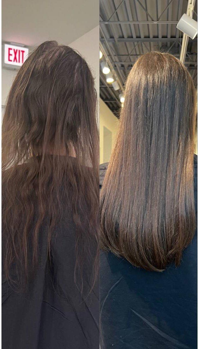Before and after scalp-safe hair extensions for a Phoenix, AZ client showing natural length and fullness
